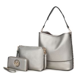 MKF Collection Wren Vegan Leather Women's Hobo with Pouch and Wristlet Wallet by Mia K- 3 pieces (Color: Pewter)